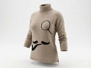 Zara Knit Women's Beige Monocle & Mustache Intarsia Turtleneck Sweater